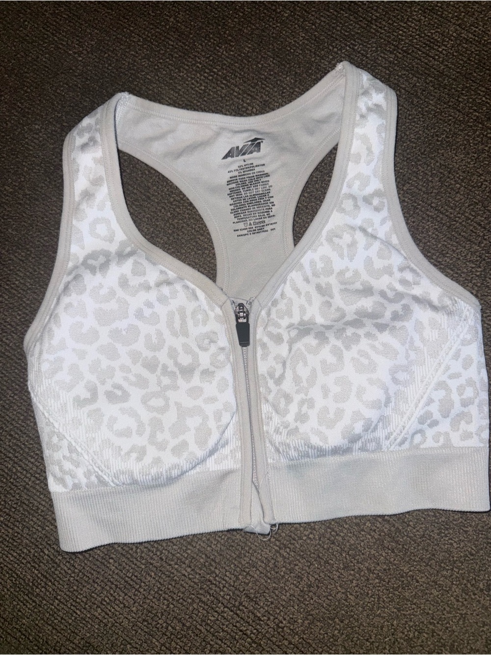 Avia White Leopard-Print Front Zip Sports Bra